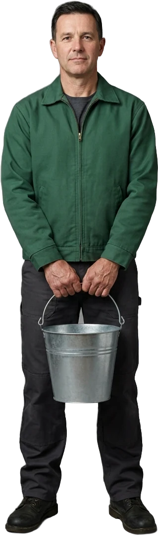 Mitarbeiter von Dein Immo Service in grüner Arbeitsjacke, hält einen verzinkten Eimer