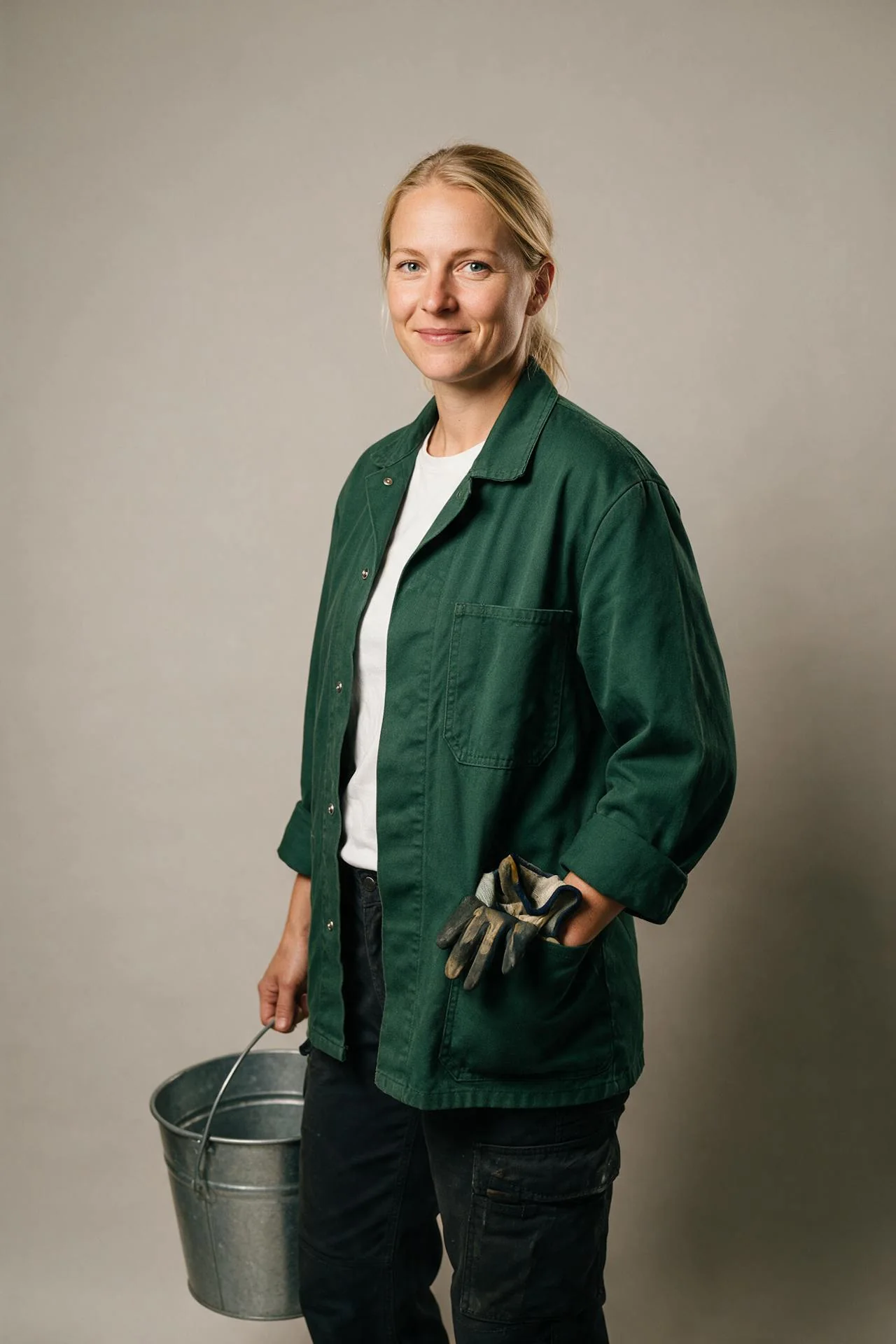 Symbolbild: Frau in grüner Arbeitsjacke mit Arbeitshandschuhen in der Tasche und einem verzinkten Eimer in der Hand